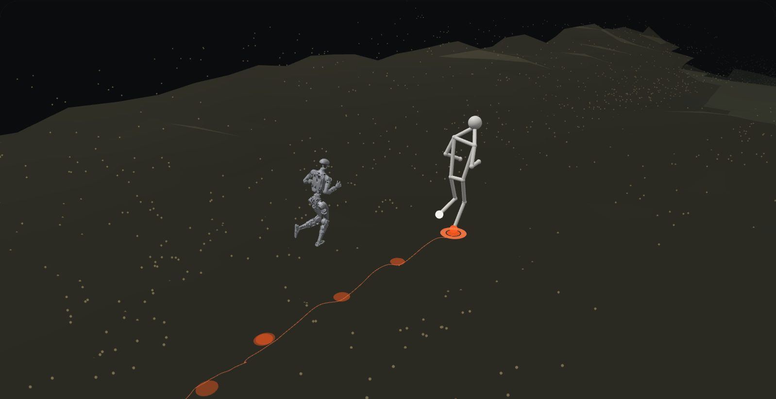 The captured person as a 3D skeleton over the measured ground points of a park, with footprints where each foot was planted and a Unitree G1 beside them