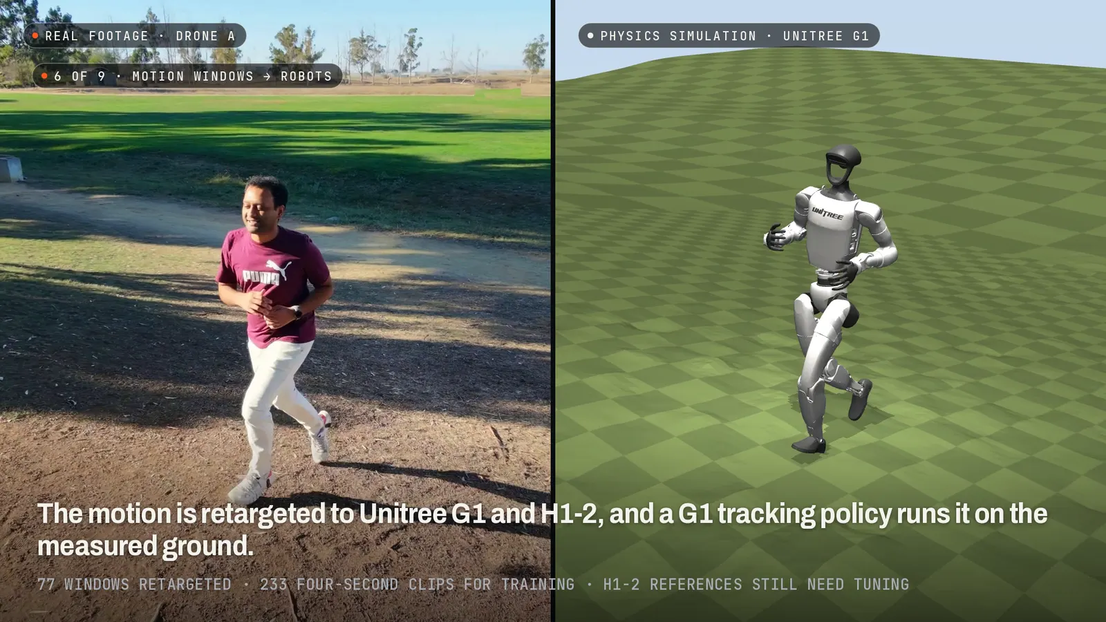 The subject jogging up a path next to a white Unitree G1 robot jogging on green simulated ground