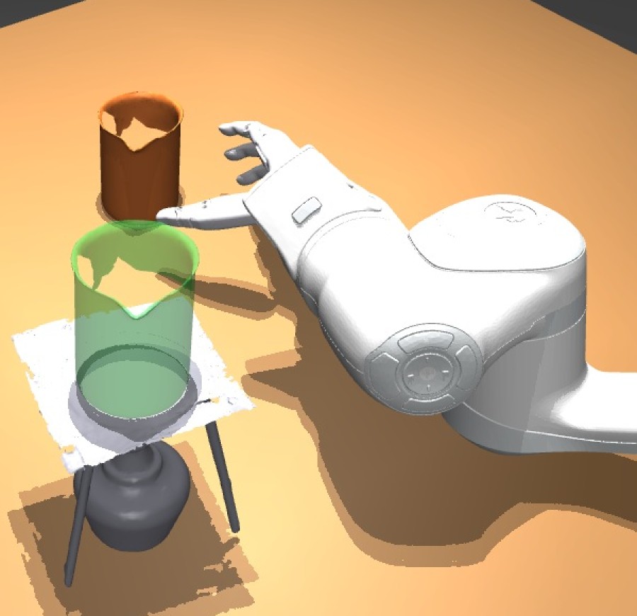 The same scene at the same moment: the robot hand is empty next to the beaker, which has not moved