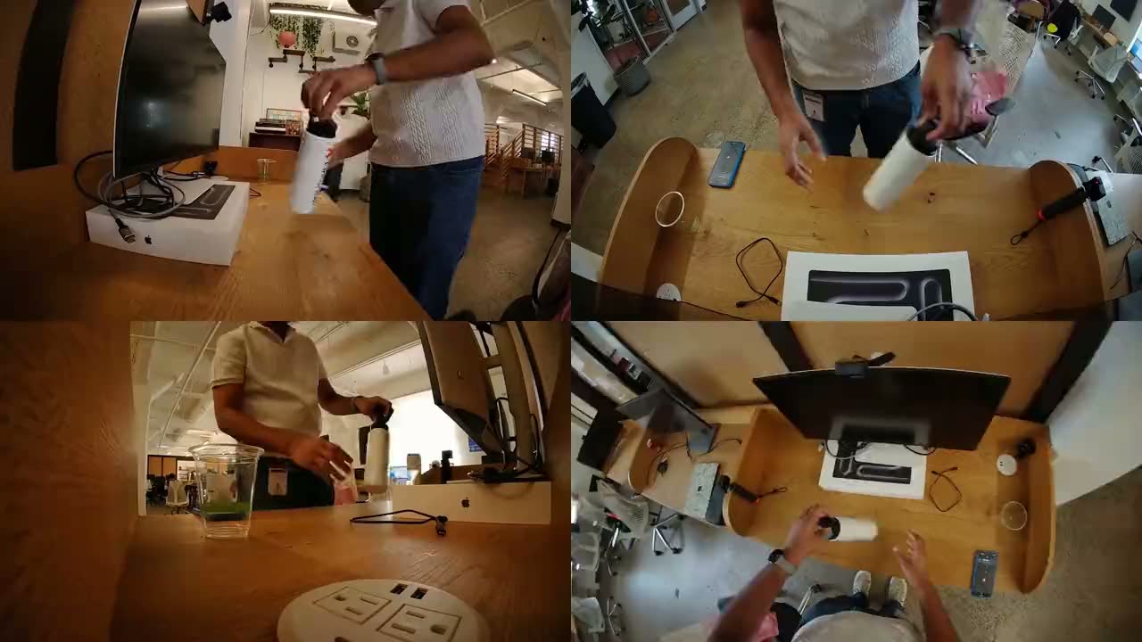 Four synced views of one desk task: head camera, left, overhead and right